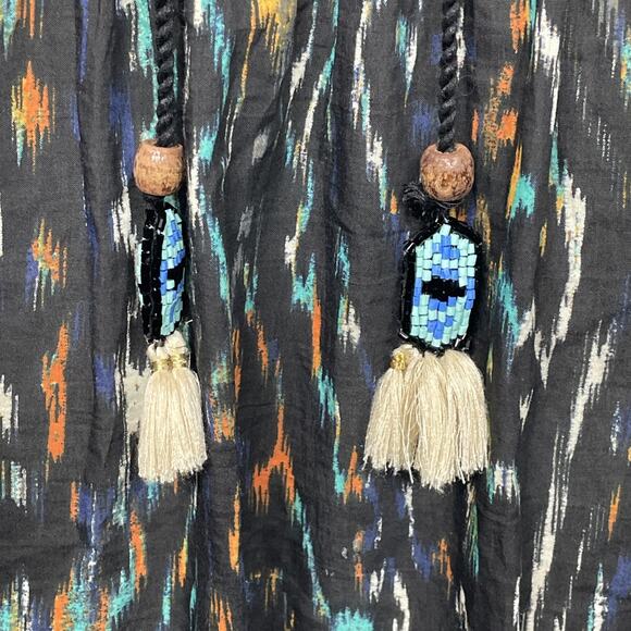 Democracy Womens Large Boho Top Black Multi Colored Beaded Wood Tassel V Neck - Picture 7 of 10